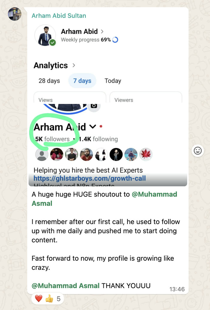 WhatsApp message from Arham Abid about growing his profile